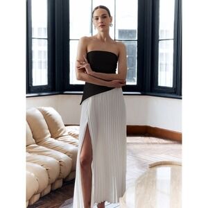 Commense Black Strapless‎ Top White Pleated Skirt Slit Maxi Dress Party Cocktail